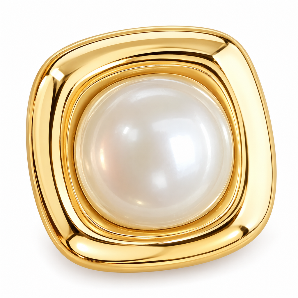 Gold Tone Square Pearl Stud Earrings - close detail