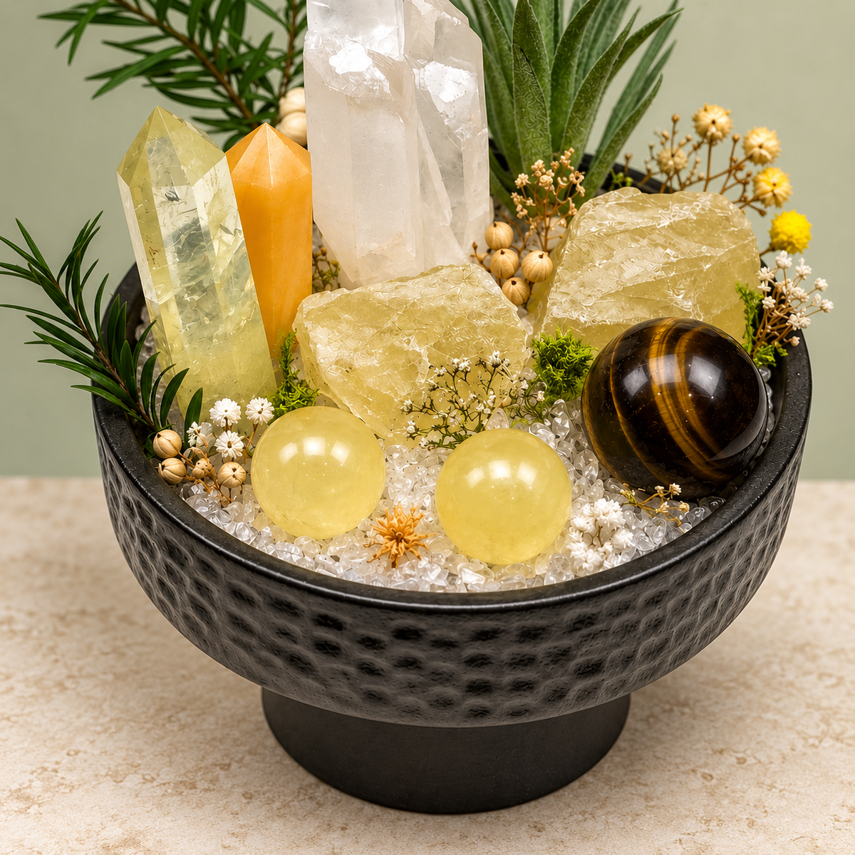 Golden Abundance Crystal Garden — foreground stones and bowl detail