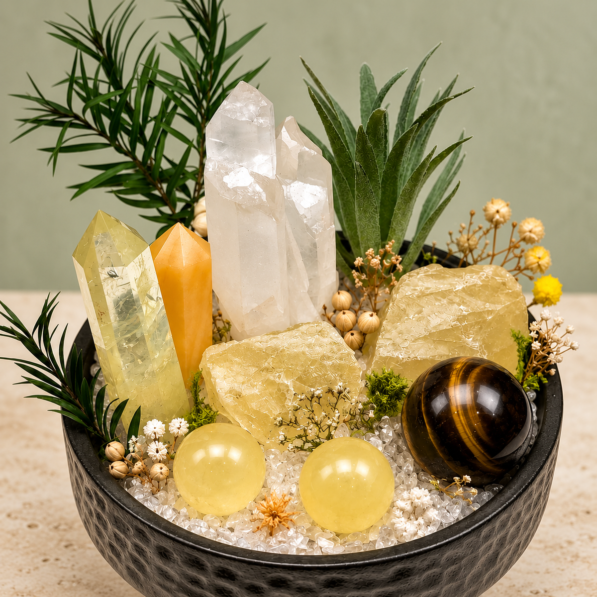 Golden Abundance Crystal Garden — centerpiece and botanical detail