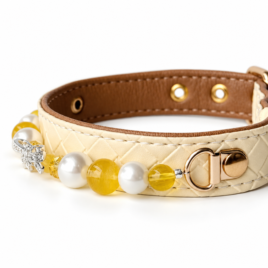 Golden Bow Beaded Pet Collar — bead and attachment detail