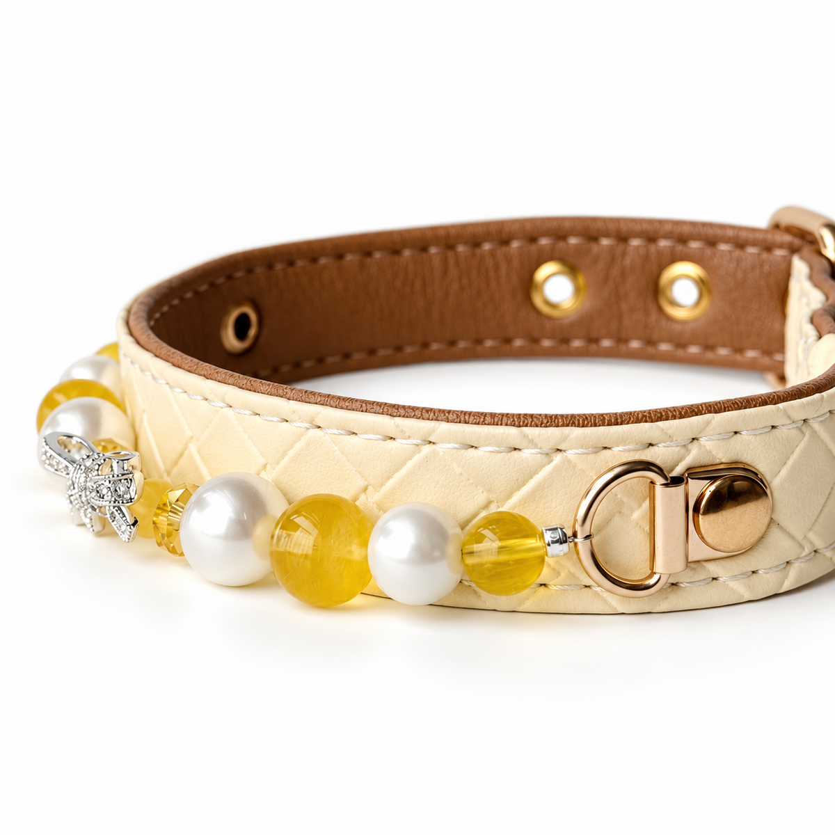Golden Bow Beaded Pet Collar — bead and attachment detail