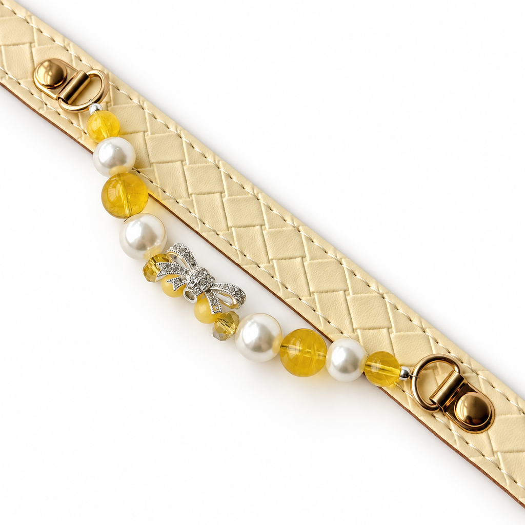 Golden Bow Beaded Pet Collar — overhead or flat-lay product view