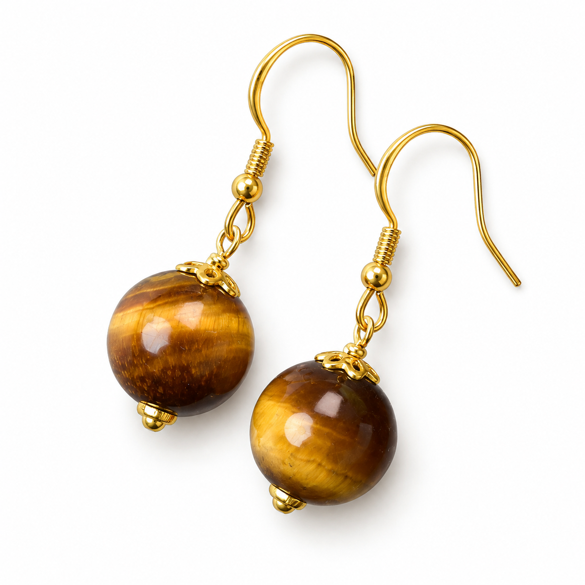 Golden Brown 10mm Bead Drop Earrings — pair angled view