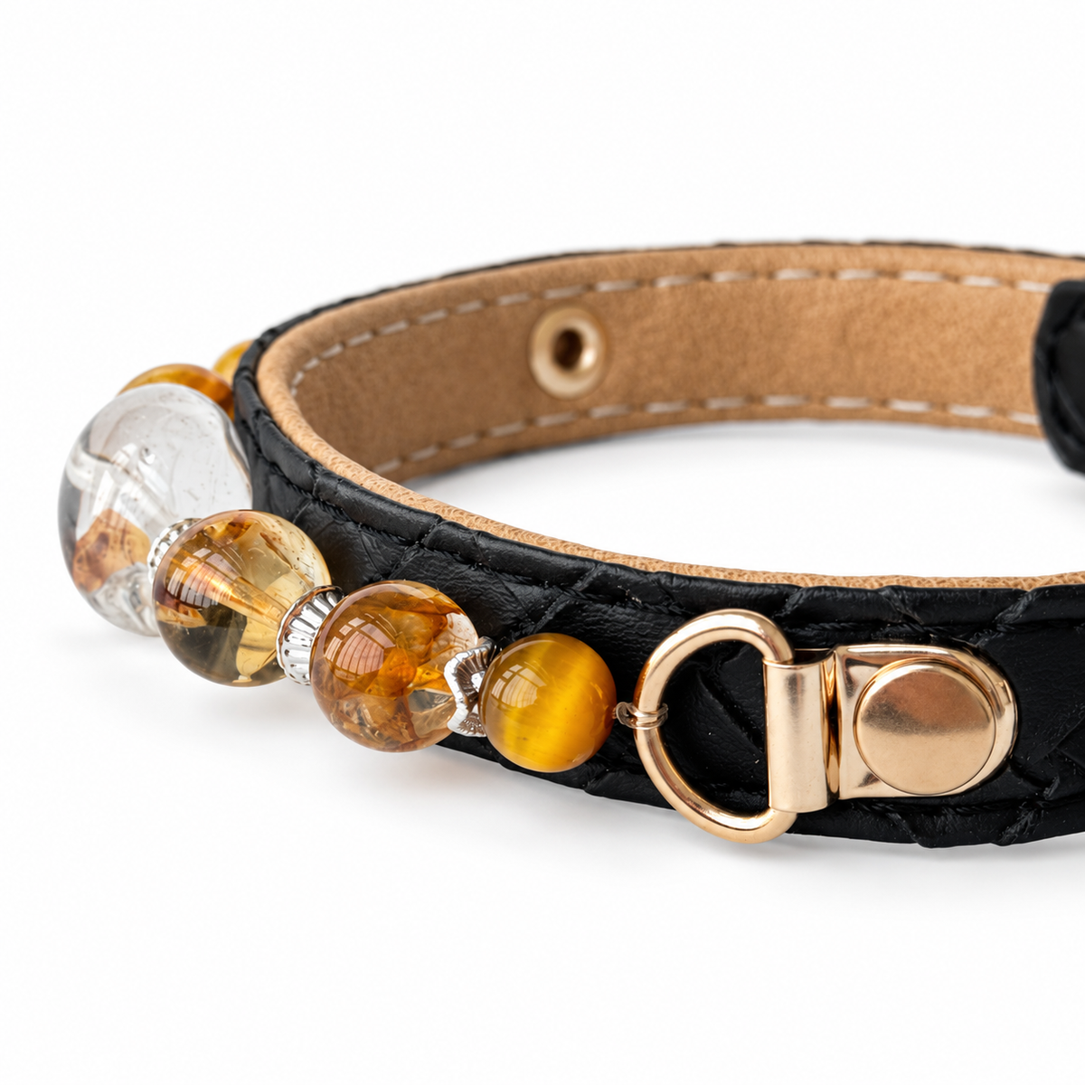Golden Clarity Beaded Pet Collar - bead and strap detail