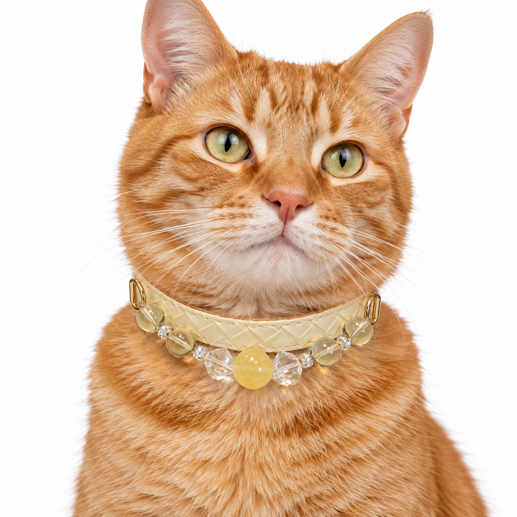 Golden Clarity Human & Pet Match — cream cat wearing the pet collar, AI styling illustration