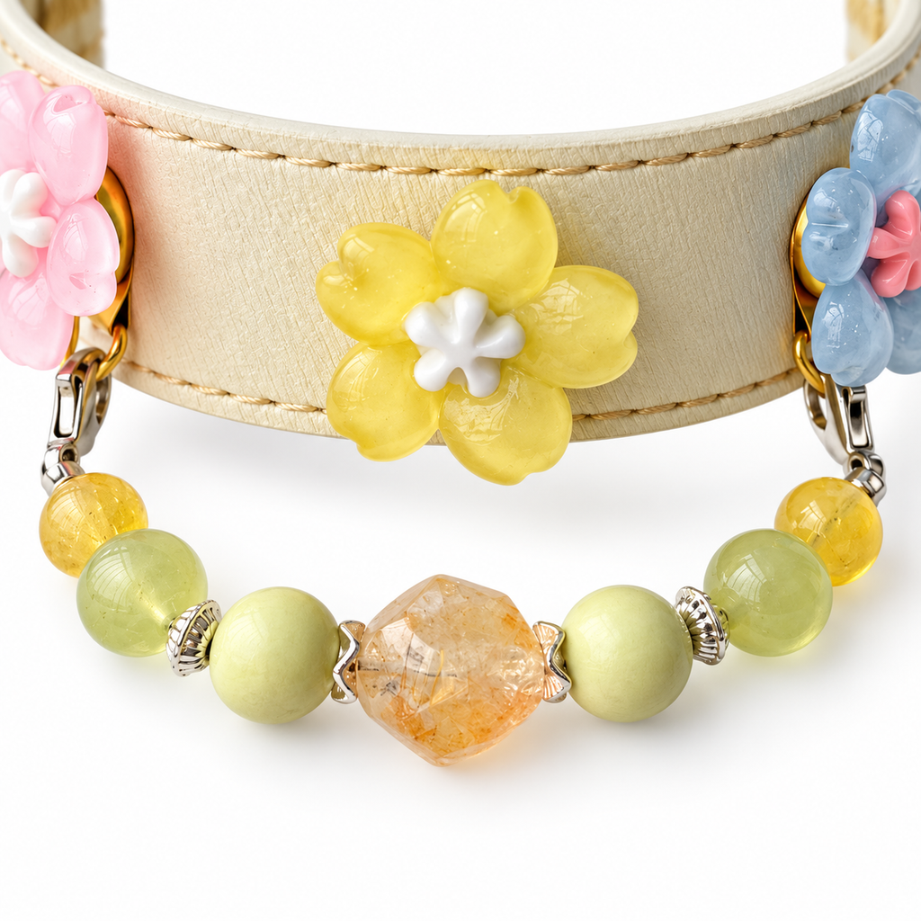 Golden Garden Blossom Beaded Pet Collar - bead and strap detail