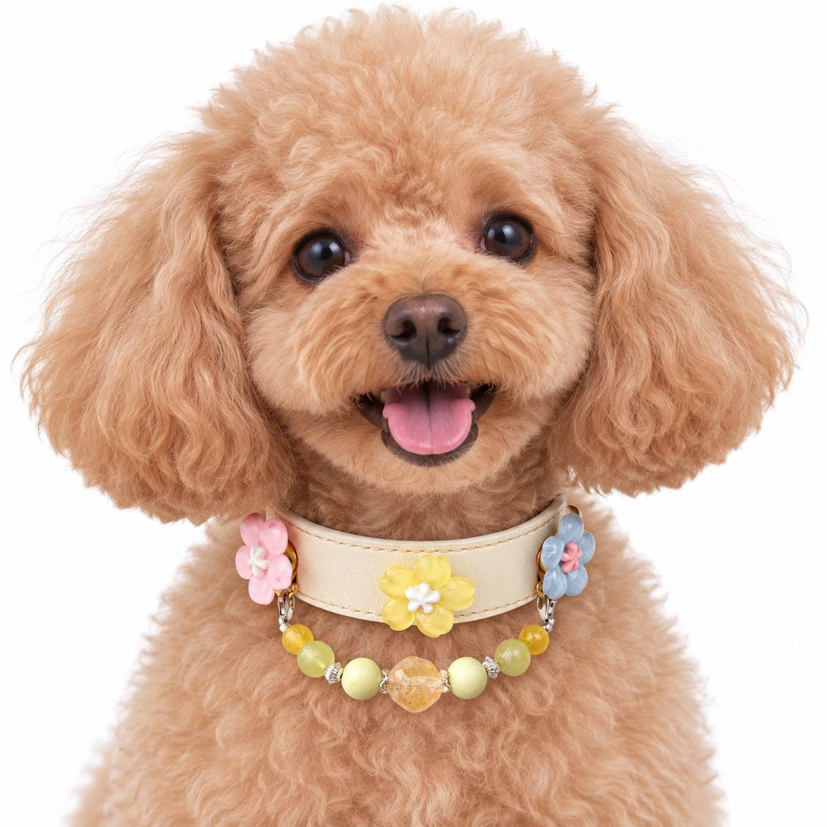 Golden Garden Blossom Beaded Pet Collar - AI pet wearing styling illustration