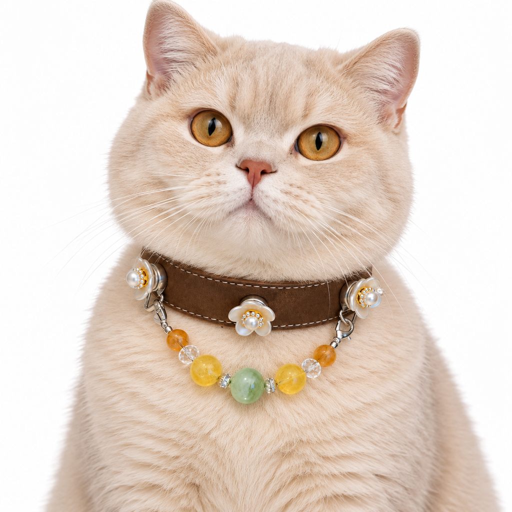 Golden Meadow Human & Pet Match — cream cat wearing the pet collar, AI styling illustration