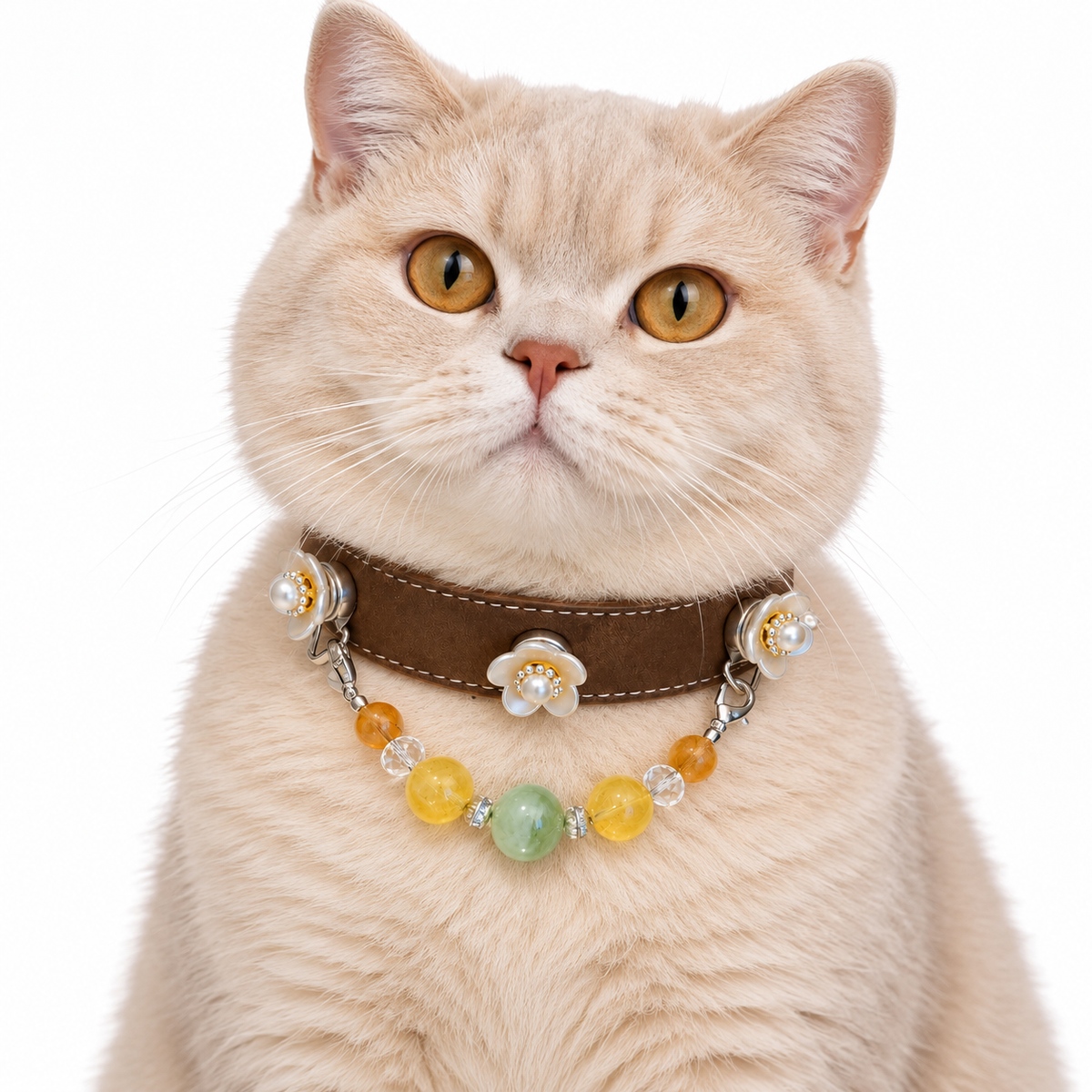 Golden Meadow Human & Pet Match — cream cat wearing the pet collar, AI styling illustration