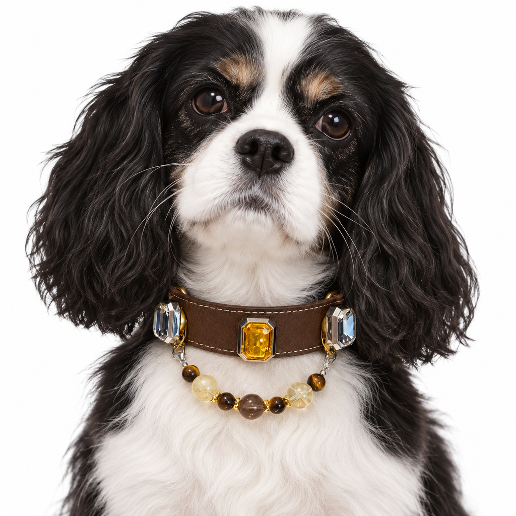 Golden Mocha Human & Pet Match — black-and-white spaniel wearing the pet collar, AI styling illustration
