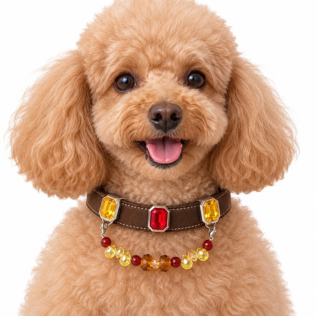 Golden Raindrop Crest Beaded Pet Collar - AI pet wearing styling illustration