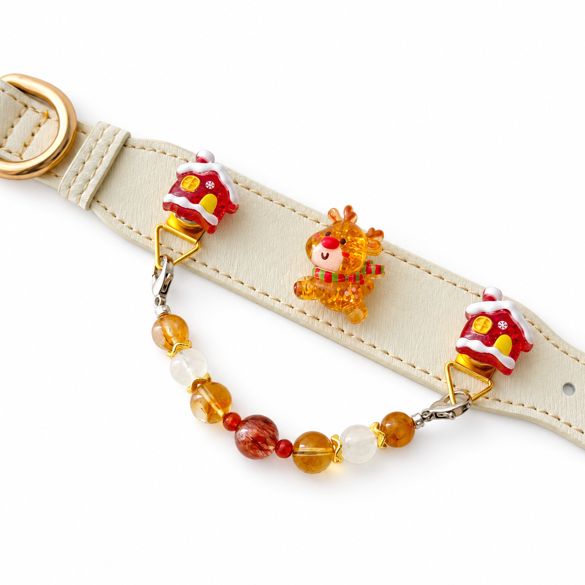 Golden Reindeer Snow Beaded Pet Collar - flat lay view