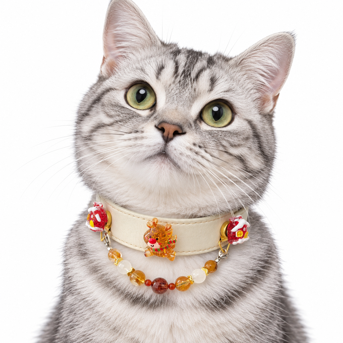 Golden Reindeer Snow Beaded Pet Collar - AI pet wearing styling illustration
