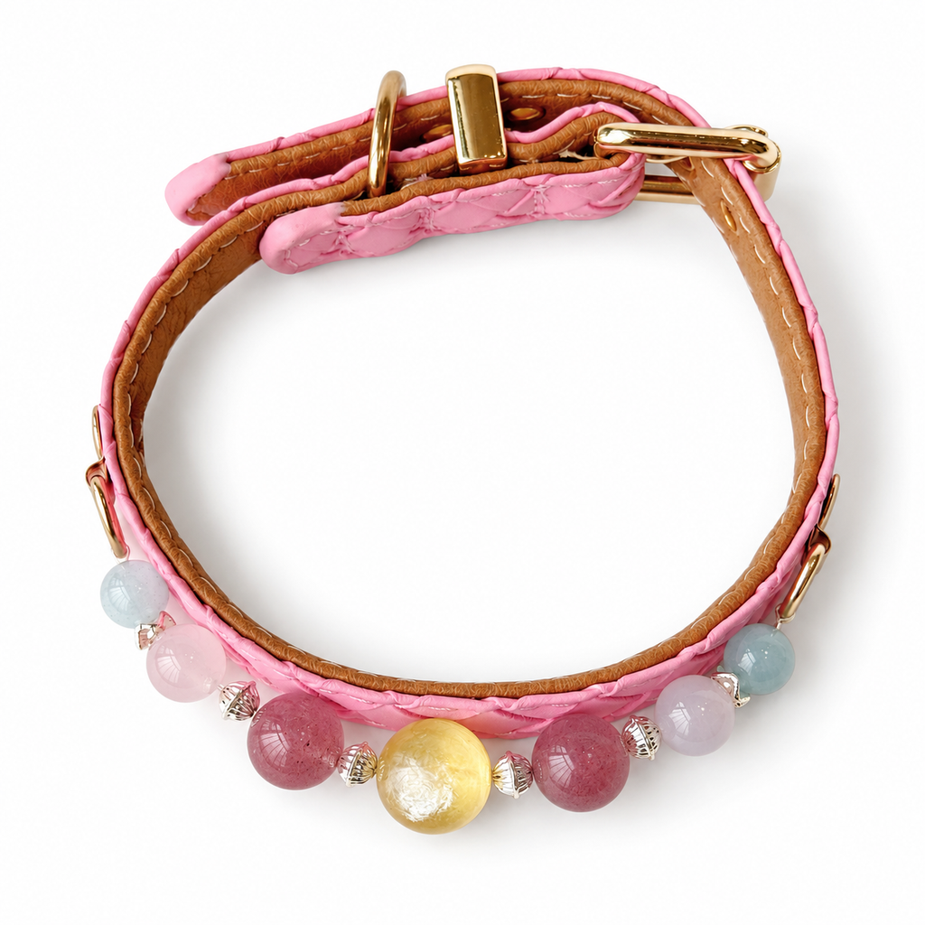 Golden Rose Beaded Pet Collar - overhead view