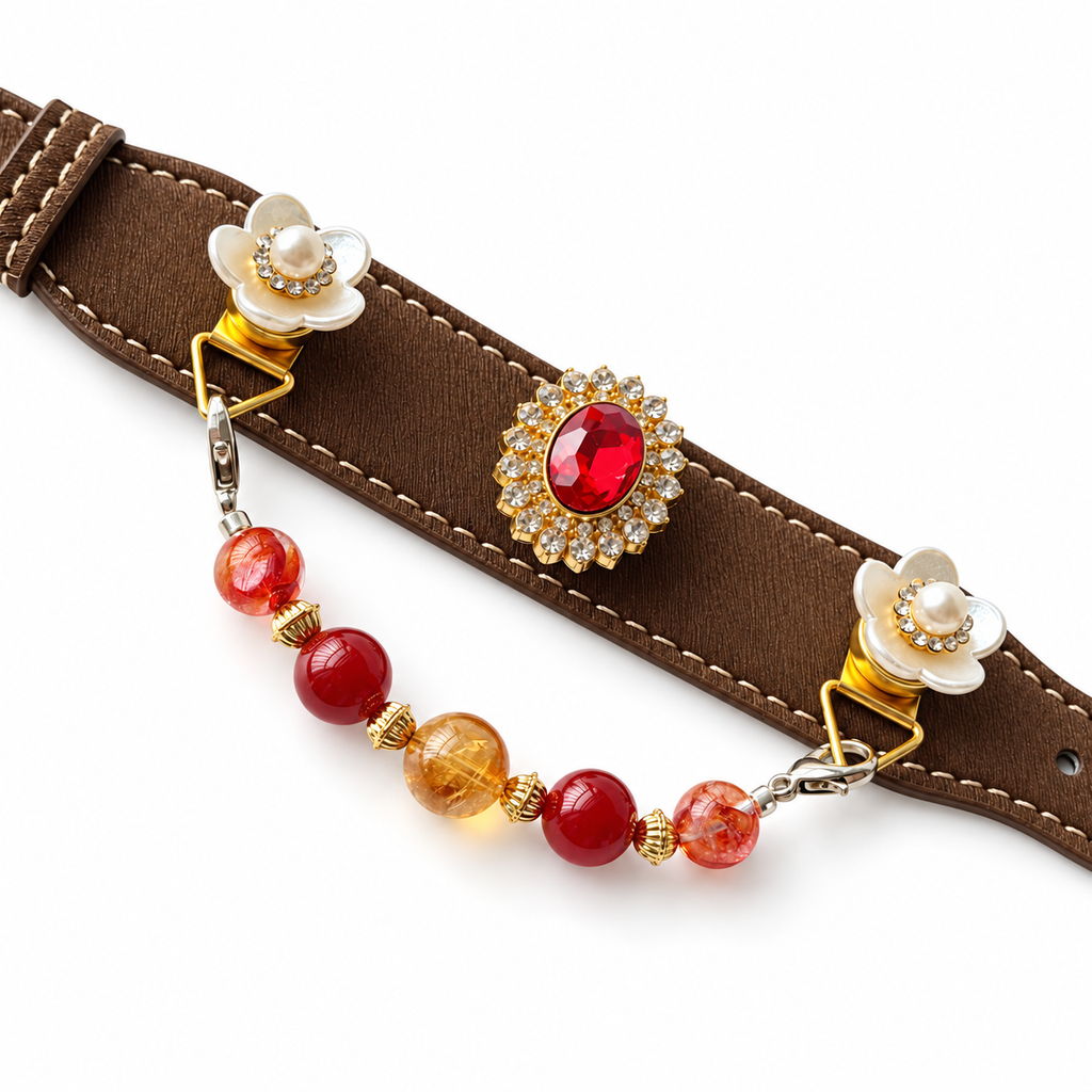 Golden Scarlet Crest Beaded Pet Collar - flat lay view