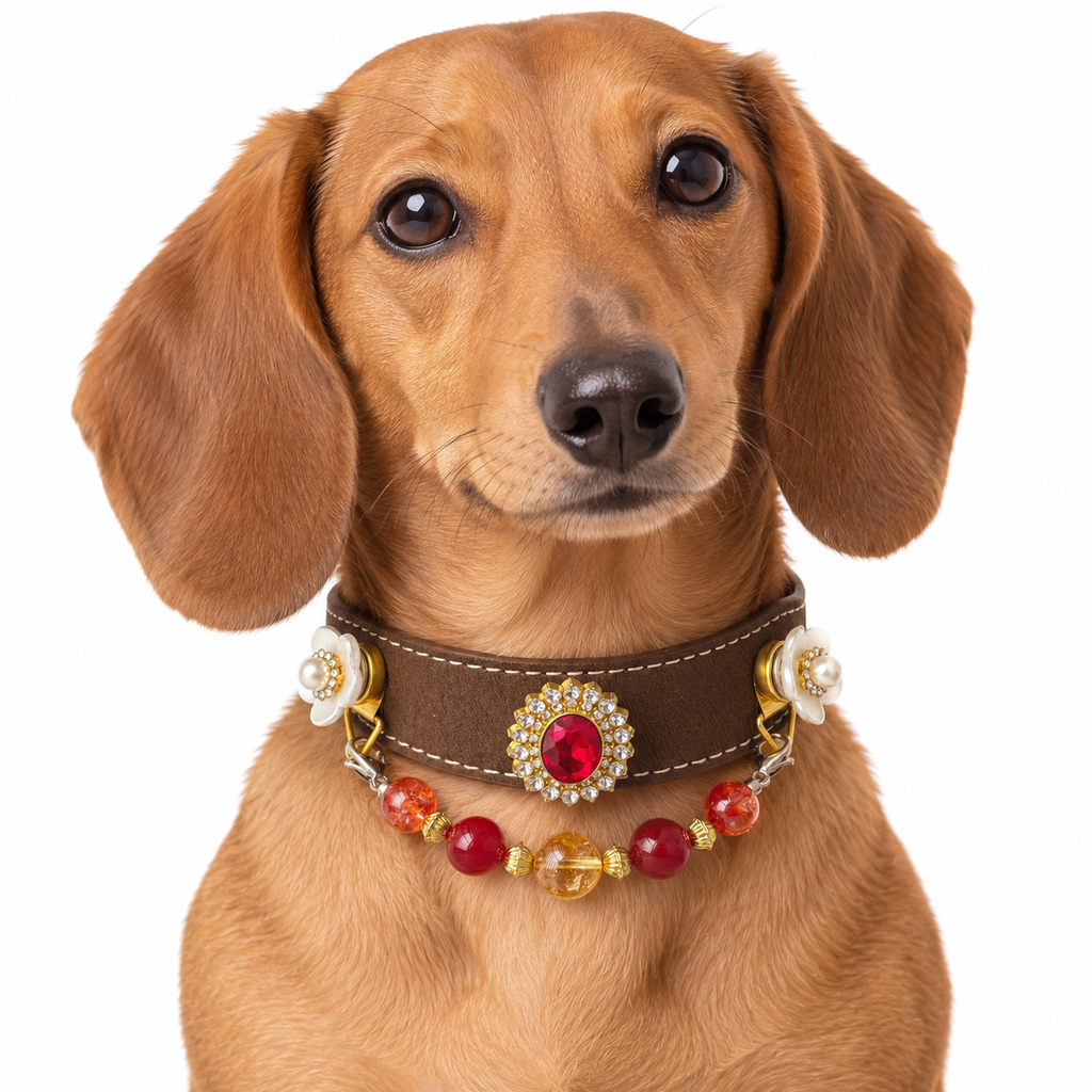 Golden Scarlet Crest Beaded Pet Collar - AI pet wearing styling illustration