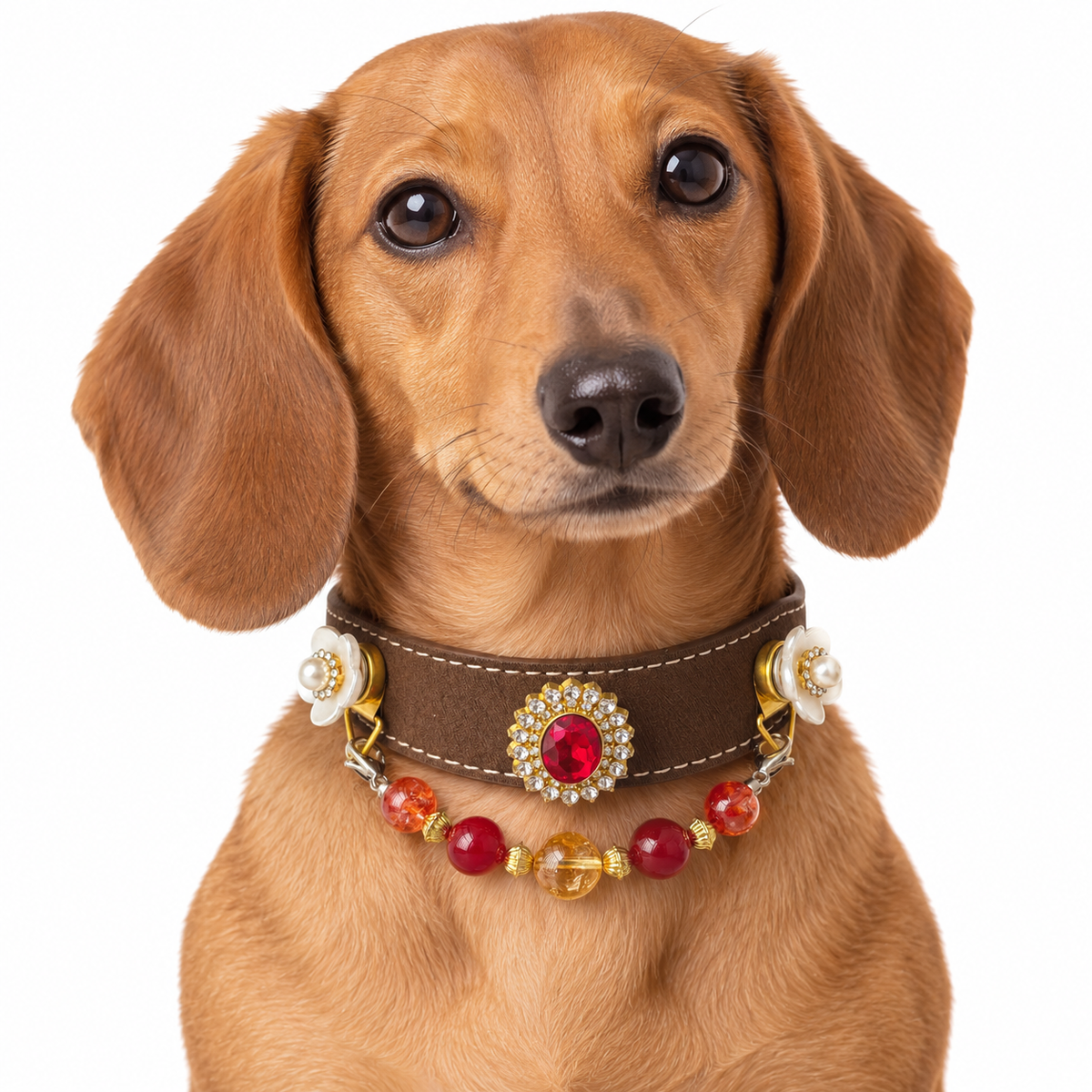 Golden Scarlet Crest Beaded Pet Collar - AI pet wearing styling illustration