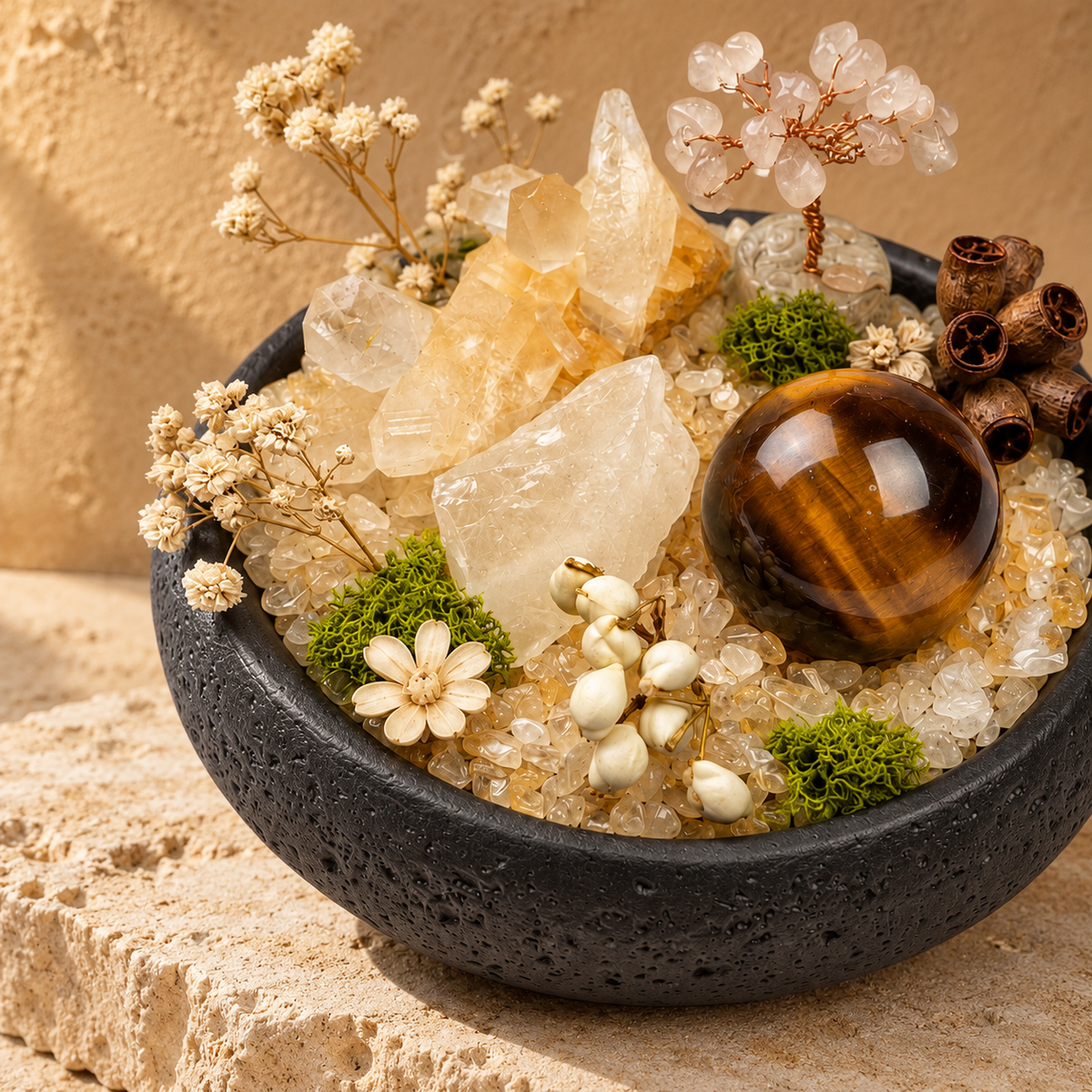Golden Tiger Crystal Garden — foreground stones and bowl detail