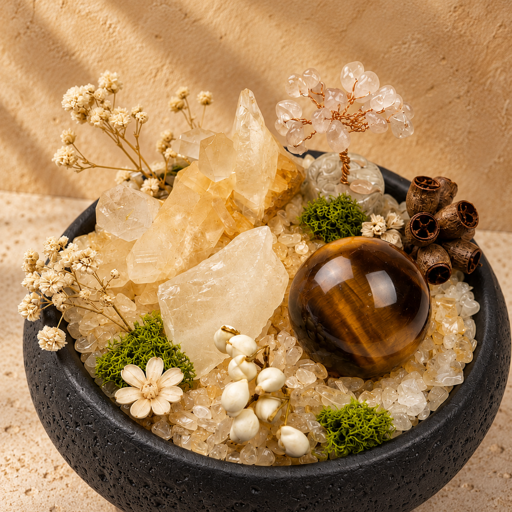 Golden Tiger Crystal Garden — centerpiece and botanical detail