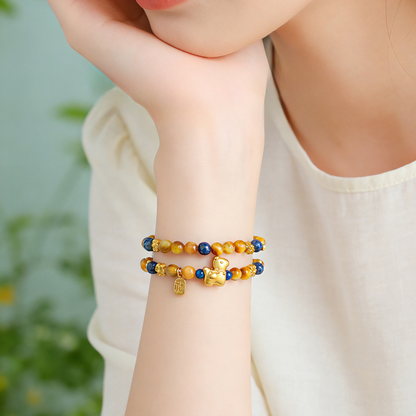 Natural Golden Tiger Eye Double Wrap Bracelet with Fortune Charms | Protection & Wealth Jewelry