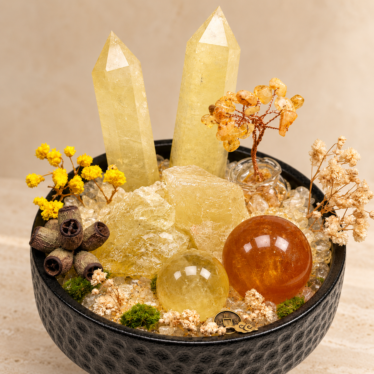 Golden Wishes Crystal Garden — centerpiece and botanical detail
