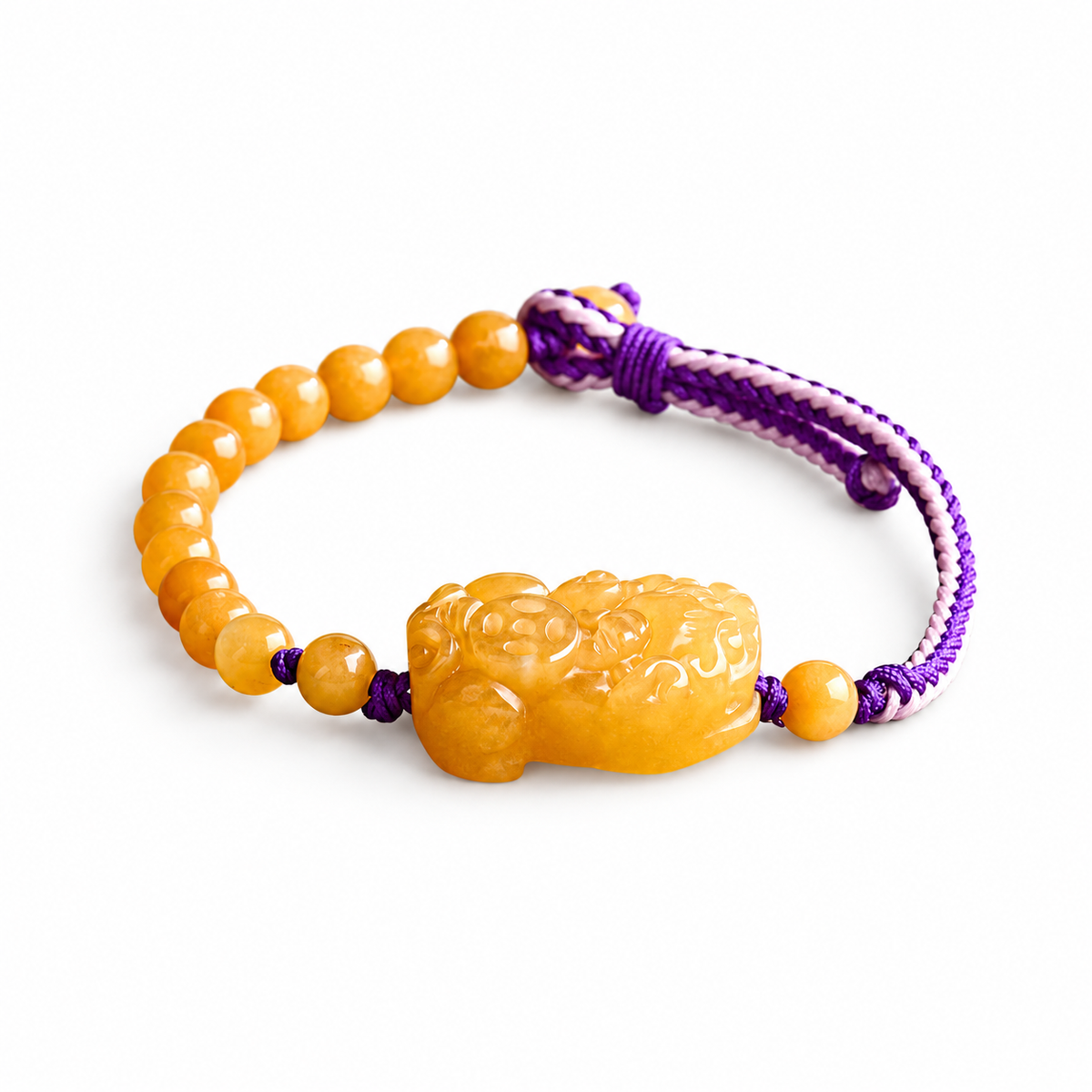 Golden Yellow Pixiu Cord Bracelet - angled view on white