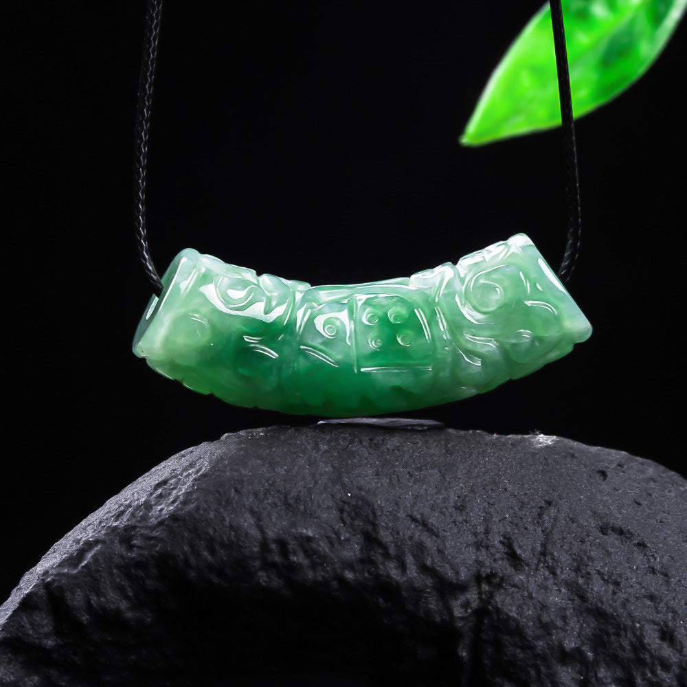 Authentic A type Jadeite Curved Tube Pendant | Auspicious Cloud & Fortune Necklace