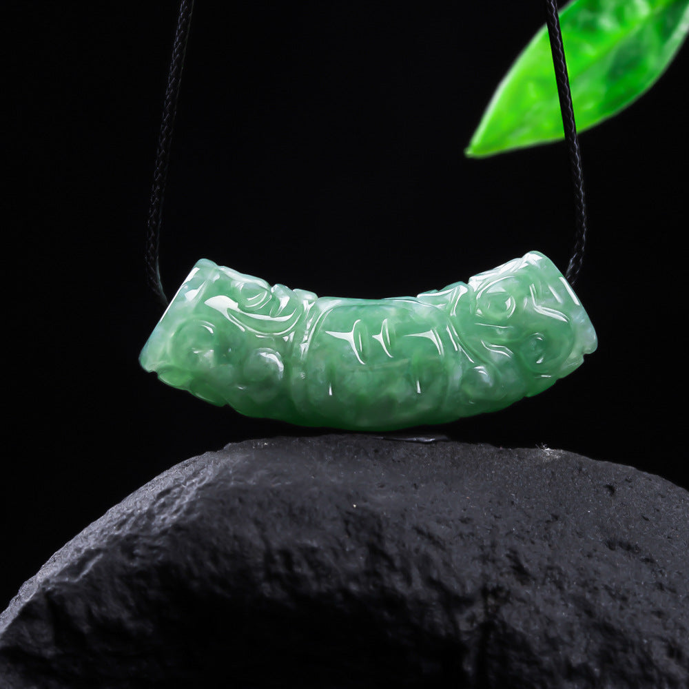 Authentic A type Jadeite Curved Tube Pendant | Auspicious Cloud & Fortune Necklace