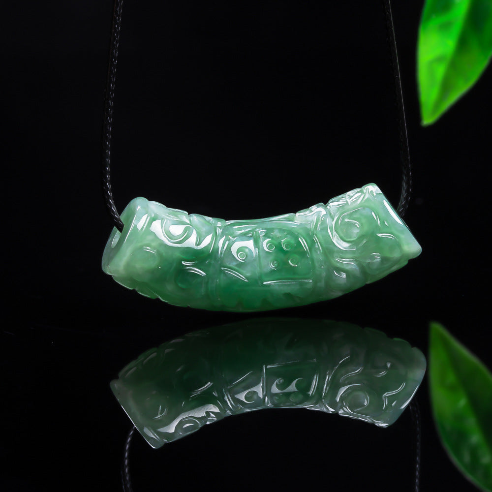 Authentic A type Jadeite Curved Tube Pendant | Auspicious Cloud & Fortune Necklace