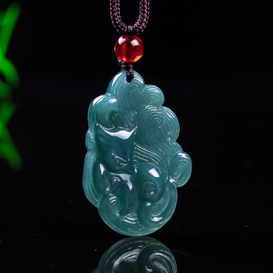 Authentic Grade A Blue Water Jadeite Nine-Tailed Fox Pendant | Fox Fairy Amulet