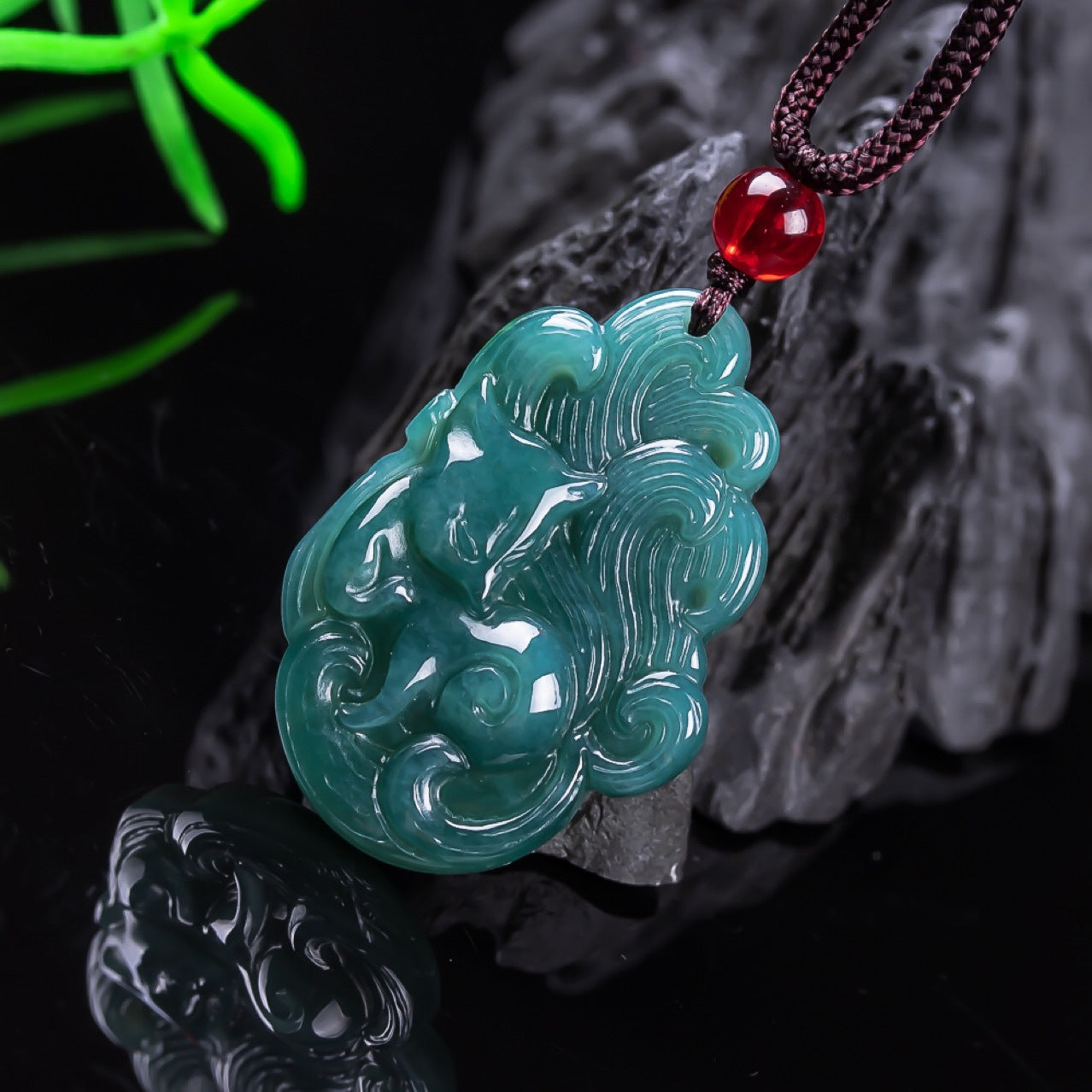 Authentic Grade A Blue Water Jadeite Nine-Tailed Fox Pendant | Fox Fairy Amulet