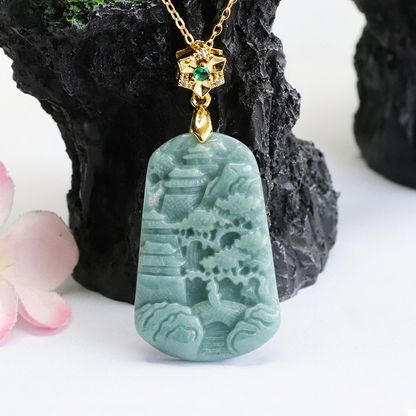 Authentic Grade A Jadeite "Shan Shui" Landscape Pendant | Blue Water Jade Necklace