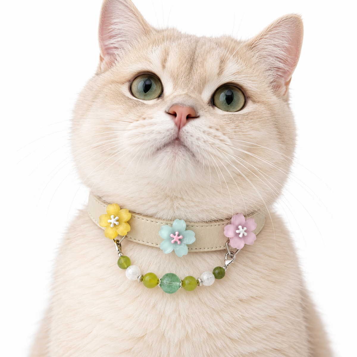 Green Meadow Blossom Beaded Pet Collar - AI pet wearing styling illustration