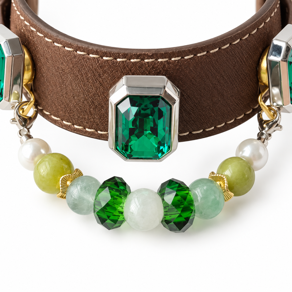 Green Pearl Facet Beaded Pet Collar - bead and strap detail