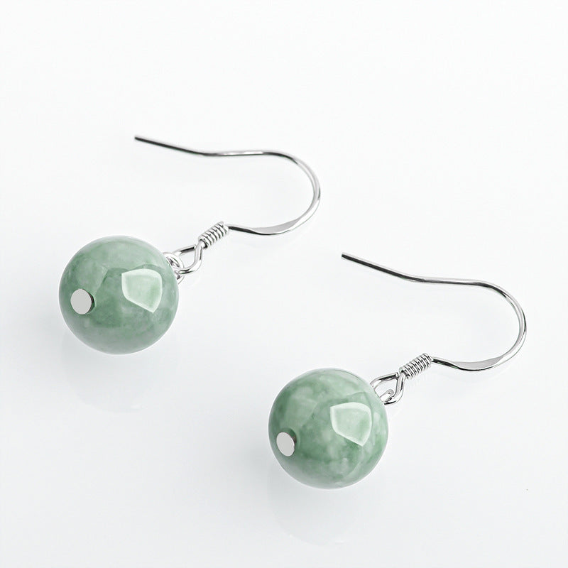 Green Round Bead Drop Earrings — angled view