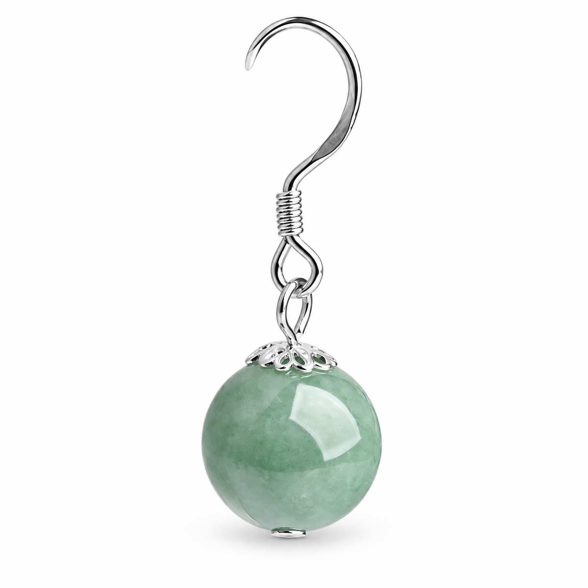 Green Round Bead Drop Earrings — hook and bead detail