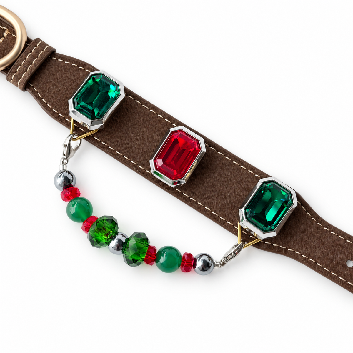 Green Scarlet Facet Beaded Pet Collar - bead and strap detail