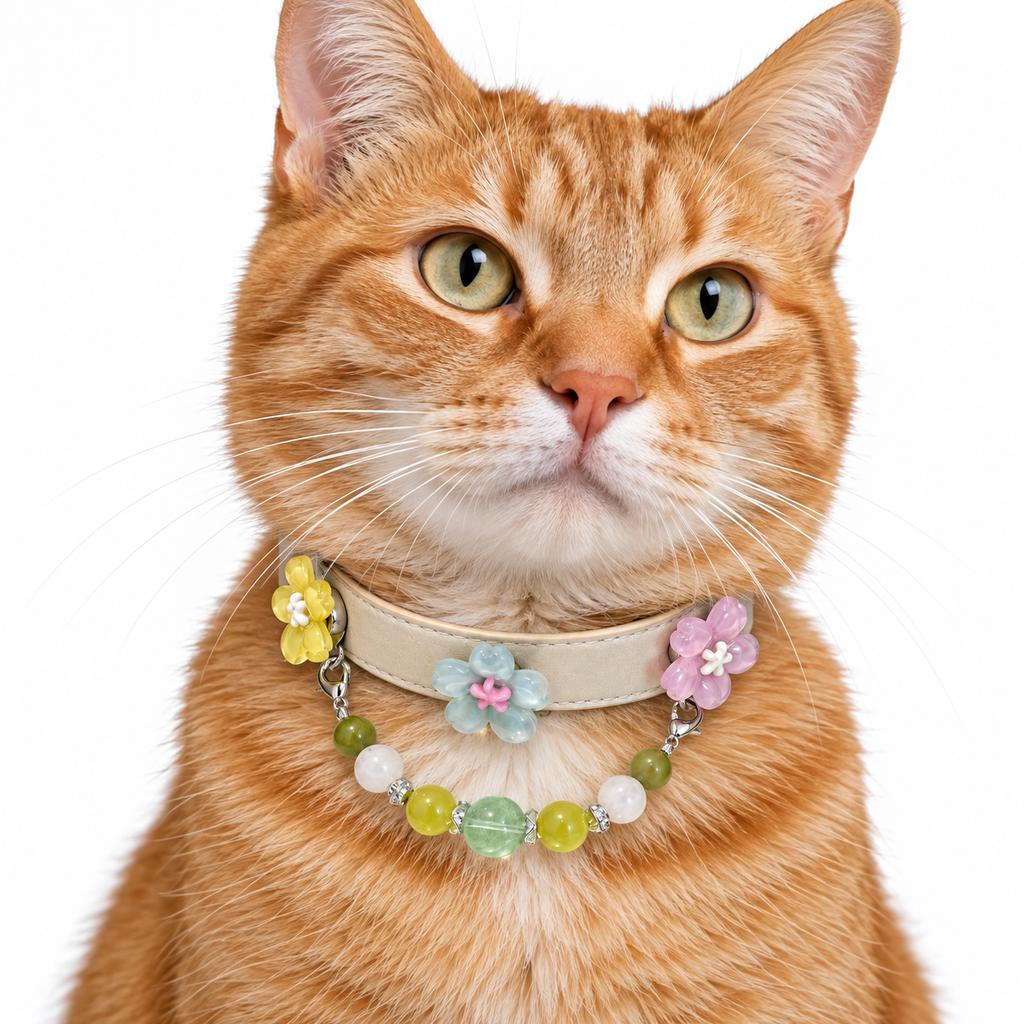 Green Snowfall Human & Pet Match — orange tabby cat wearing the pet collar, AI styling illustration