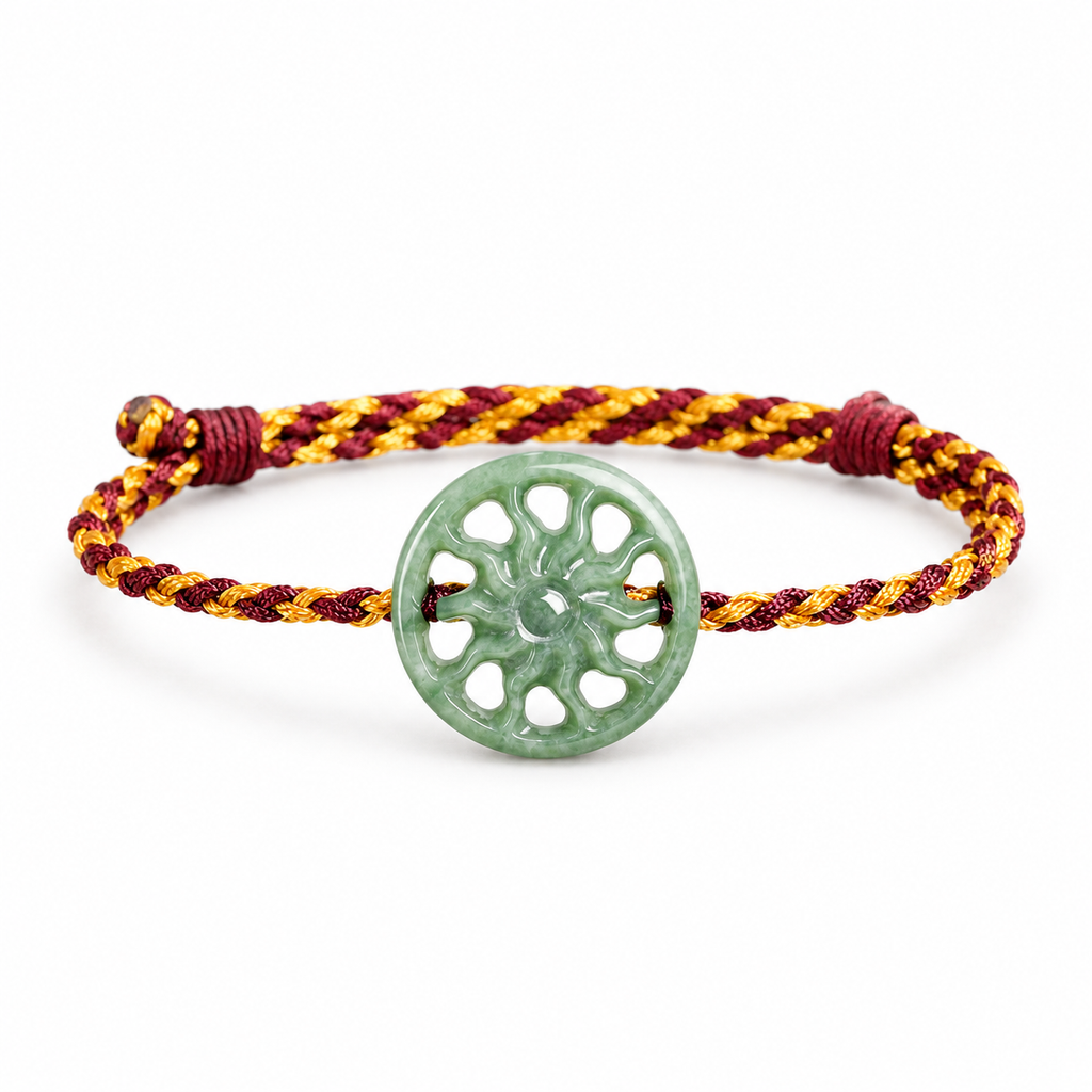 Green Sun Disc Cord Bracelet - angled view on white