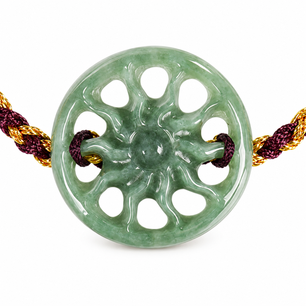Green Sun Disc Cord Bracelet - centerpiece detail on white
