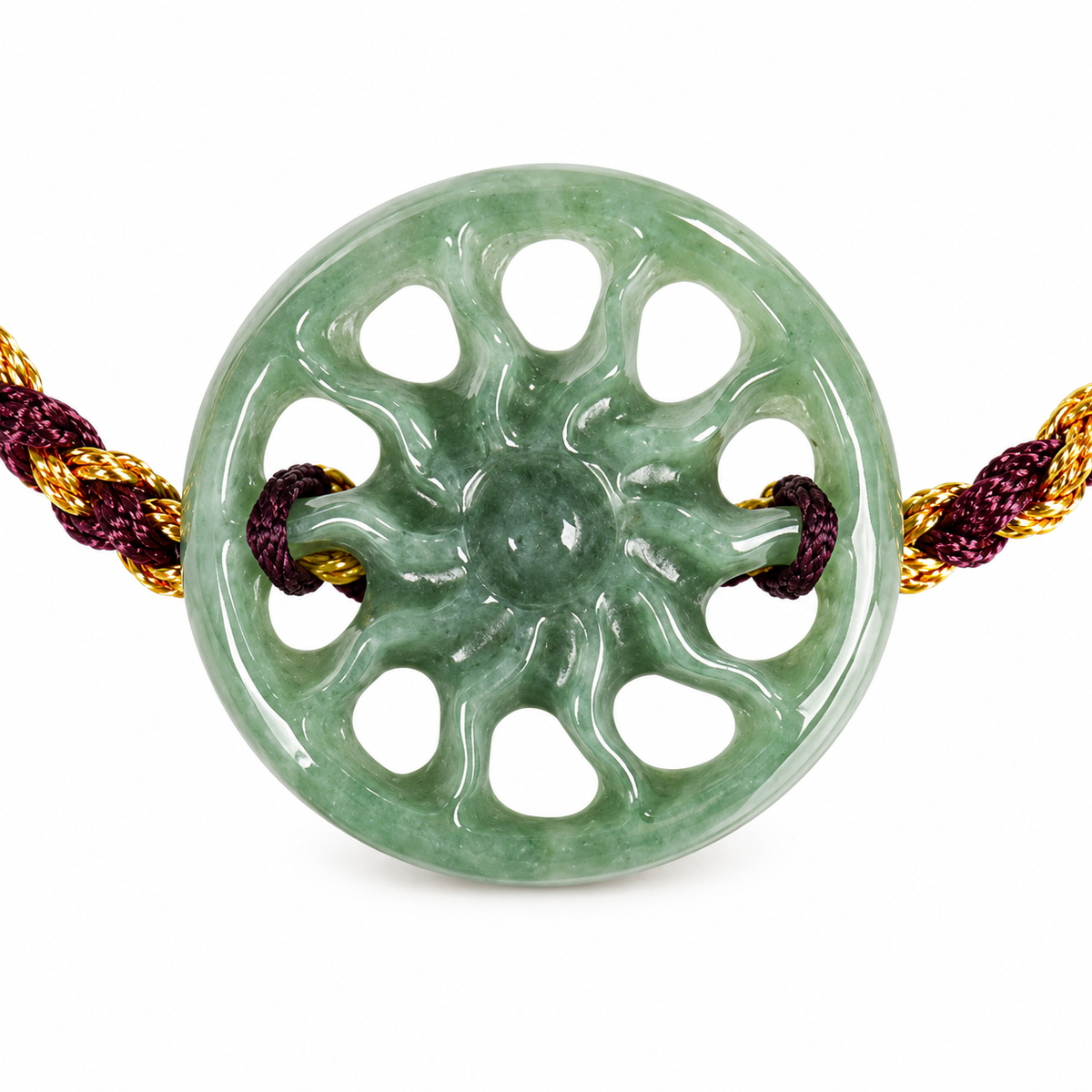 Green Sun Disc Cord Bracelet - centerpiece detail on white