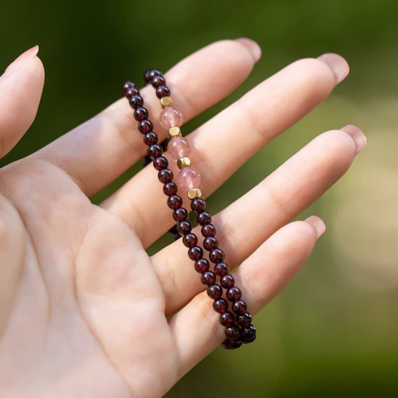 Natural Wine Red Garnet Double Wrap Bracelet with Pink Quartz | Dainty Crystal Jewelry