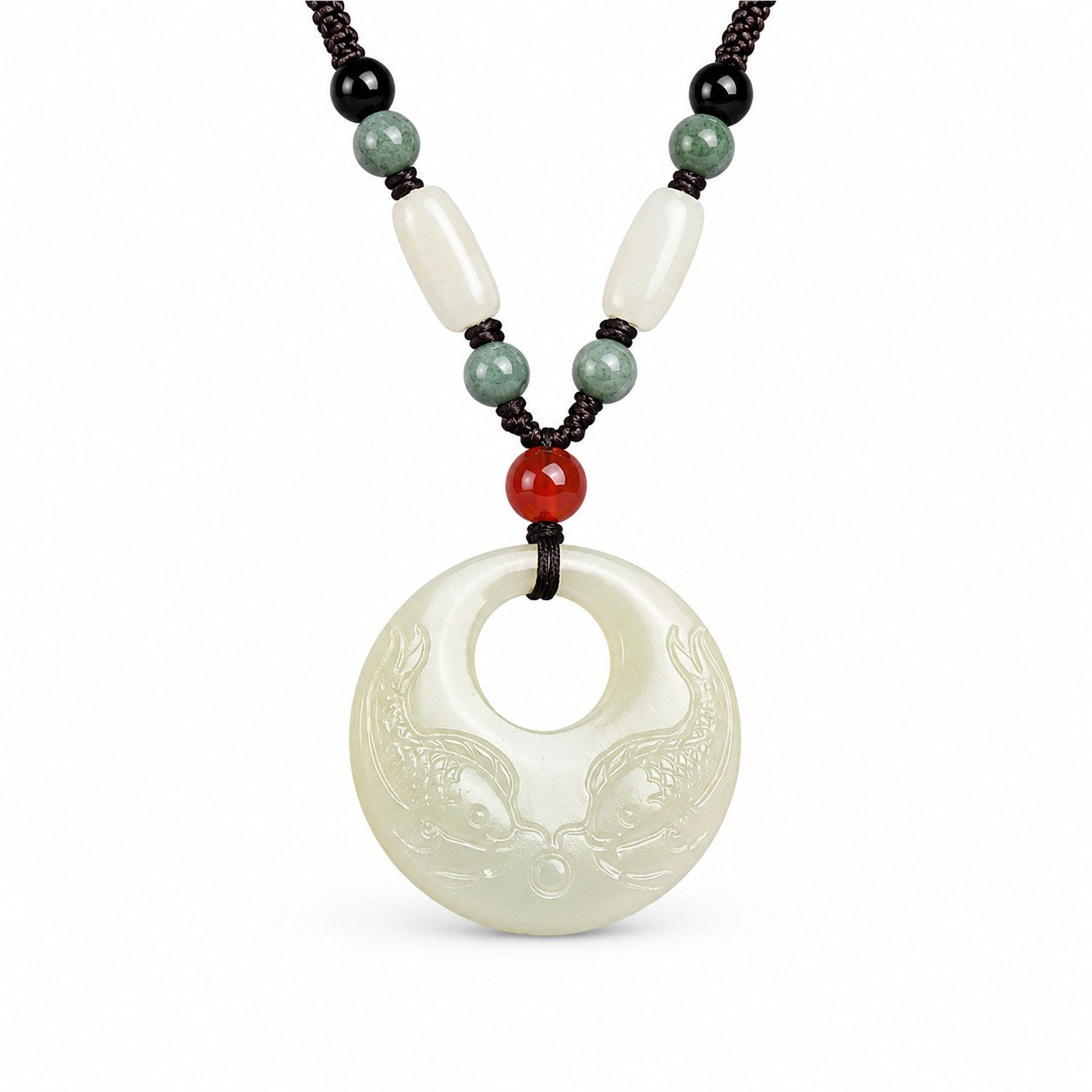 Front view of a Hetian jade double fish pendant necklace with dark braided cord and colorful accent beads