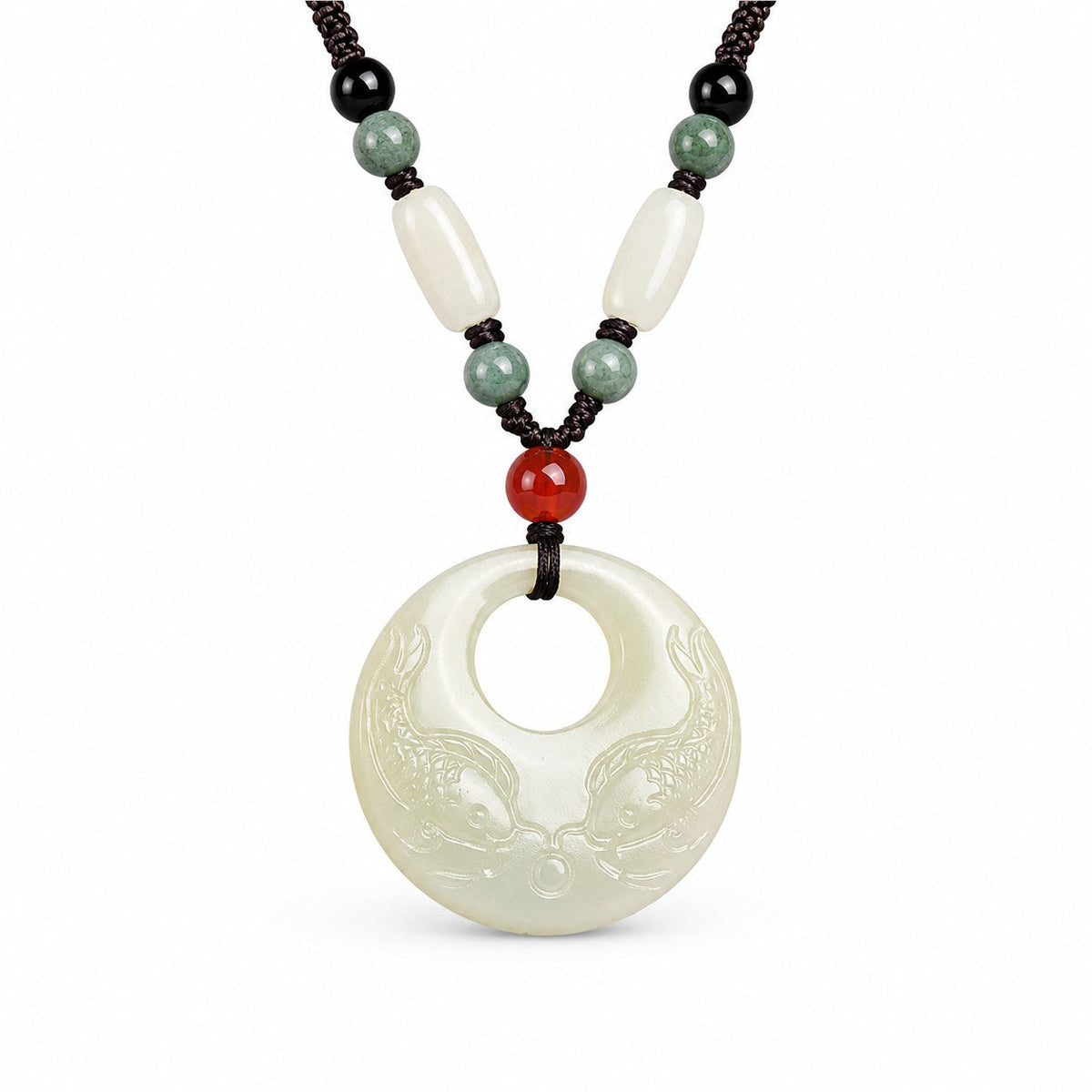Front view of a Hetian jade double fish pendant necklace with dark braided cord and colorful accent beads