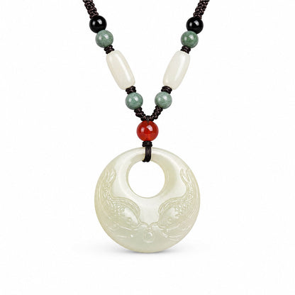 Front view of a Hetian jade double fish pendant necklace with dark braided cord and colorful accent beads