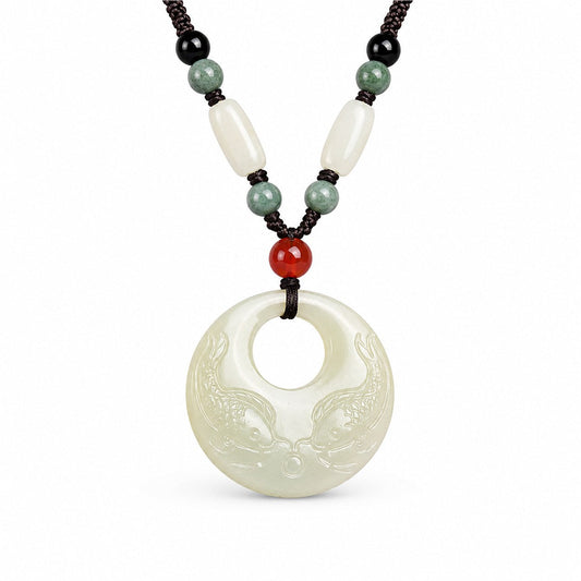 Front view of a Hetian jade double fish pendant necklace with dark braided cord and colorful accent beads