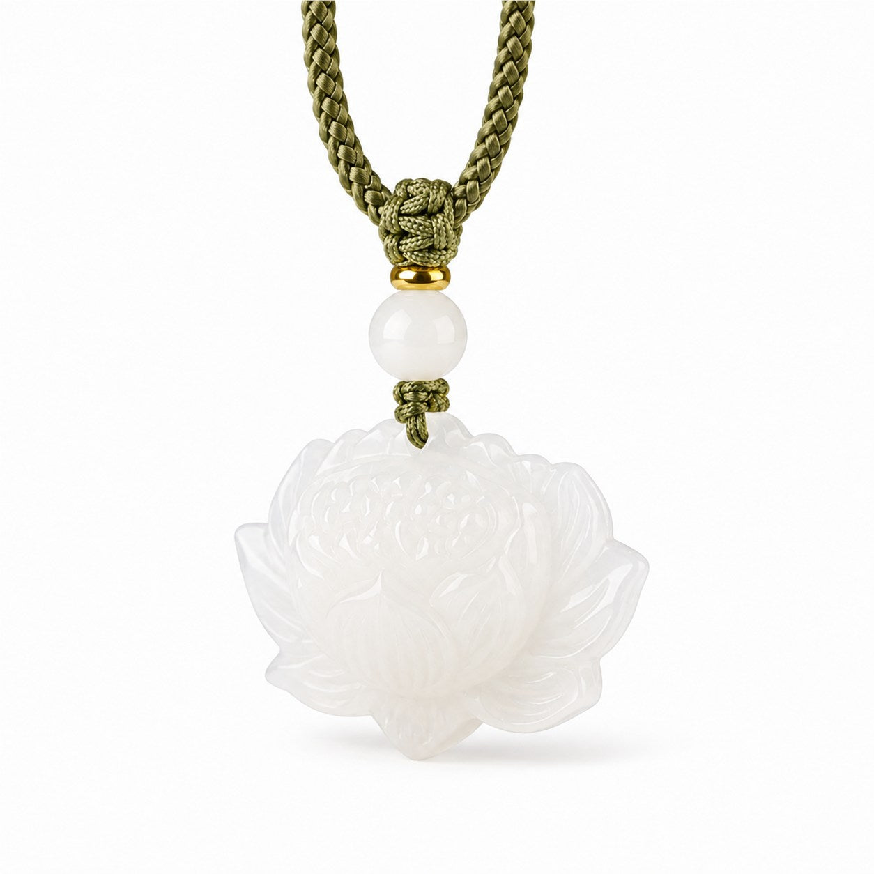 Detail view of carved white Hetian jade lotus pendant with white jade bead