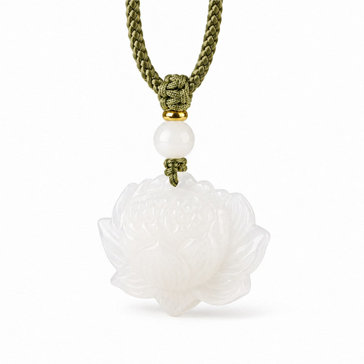 Detail view of carved white Hetian jade lotus pendant with white jade bead