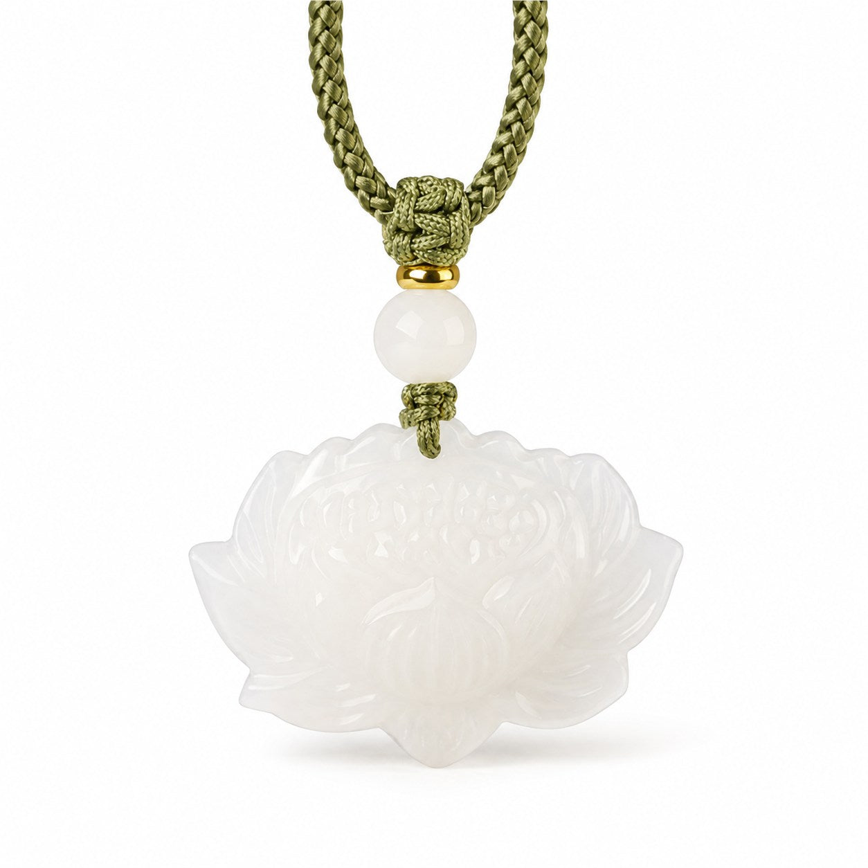 Front view of a carved white Hetian jade lotus pendant with olive-green braided cord