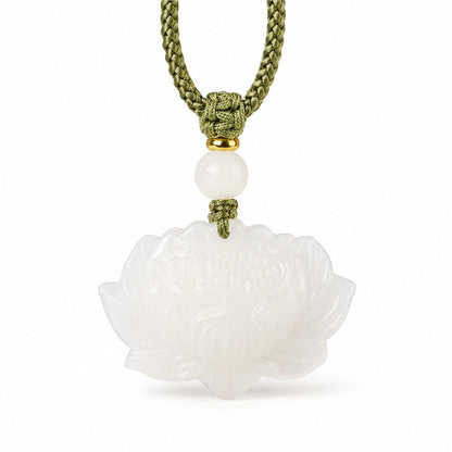 Front view of a carved white Hetian jade lotus pendant with olive-green braided cord